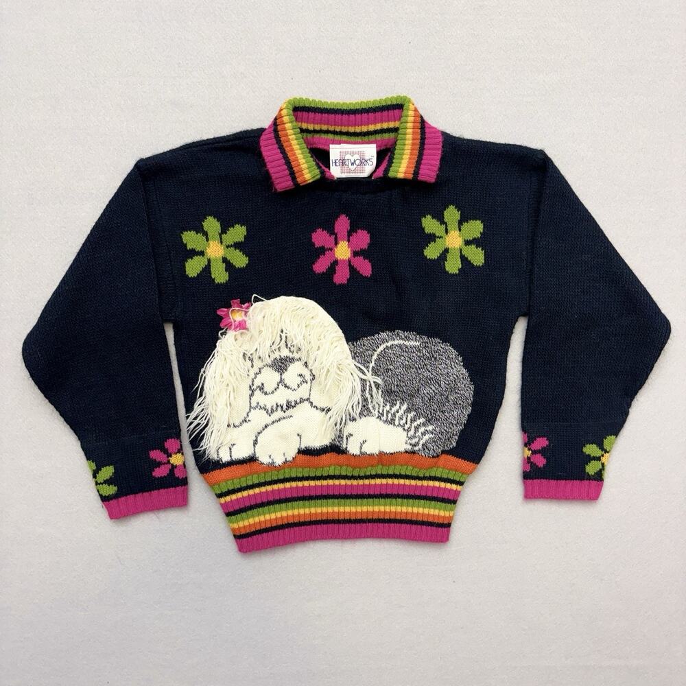 VTG 80s Heartworks Navy 3D Shaggy Dog Sweater Knit Collared Flowers Size 7/8
